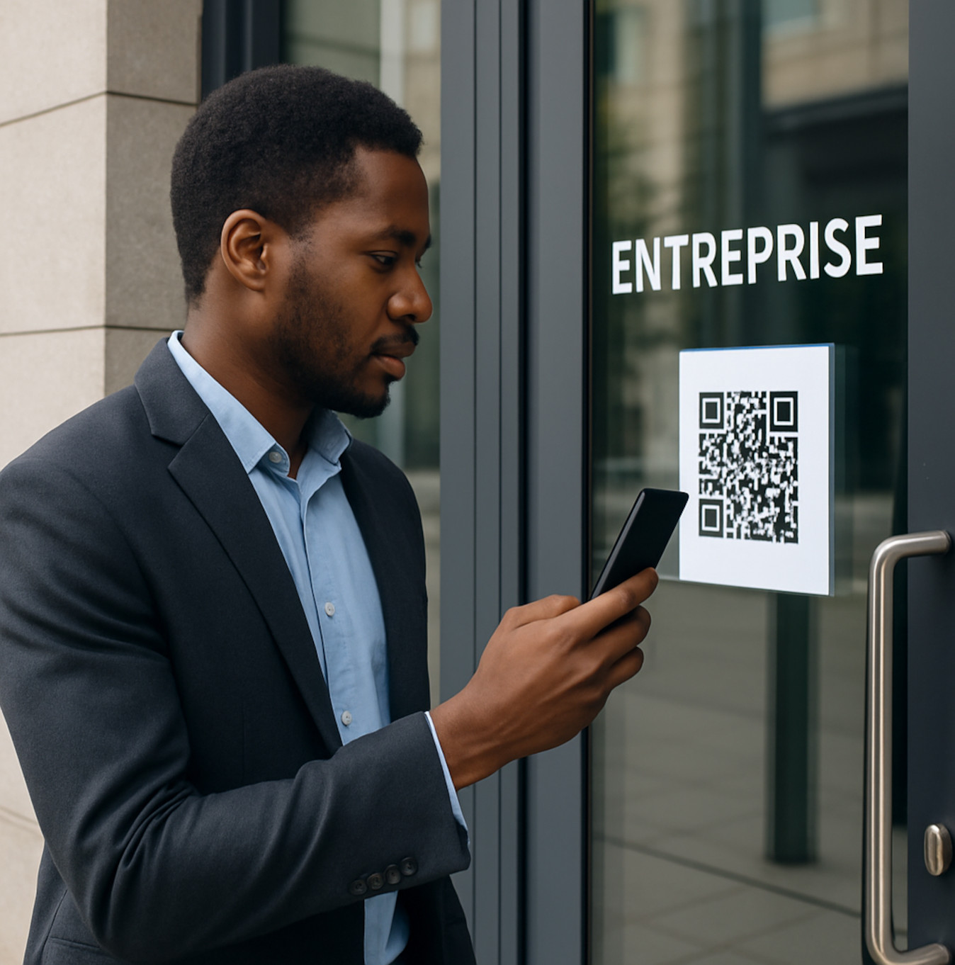 Employé africain scannant un QR code devant son entreprise